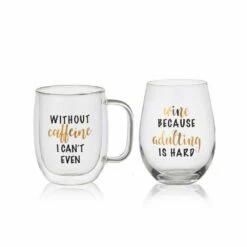 Brand new 🎉 Mikasa® Double Wall Mug and Stemless Wine Glass Set of 2, Caffeine Wine Sentiment ⌛