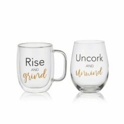 Top 10 👏 Mikasa® Double Wall Mug and Stemless Wine Glass Set of 2, Rise and Unwind Sentiments ⭐