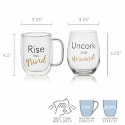 Top 10 👏 Mikasa® Double Wall Mug and Stemless Wine Glass Set of 2, Rise and Unwind Sentiments ⭐ -Hot Sale barware Store stemless set of 2 unwind wine glass and glass mug 5281850 5