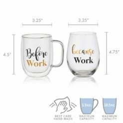 Wholesale ⭐ Mikasa® Double Wall Mug and Stemless Wine Glass Set of 2, Work Sentiment 👍 -Hot Sale barware Store stemless set of 2 work wine glass and glass mug 5281856 5